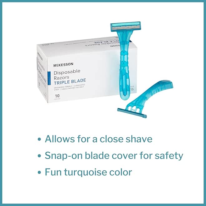 McKesson Disposable Razors, Stainless Steel Triple Blade, Lubricated Strip, Ergonomic Handle, Turquoise, 10 Count, 1 Pack - Image 2
