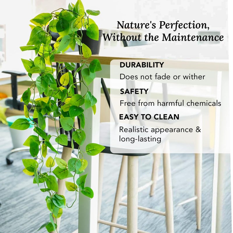 Ekhasa Nostrae Hanging Artificial Plants with Pot (Set of 2) | Money Plant Artificial Hanging Plants for Decor | Falling Creepers Climbers Fake Vines with Pots (String of Pearls, Golden Pothos) - Image 4