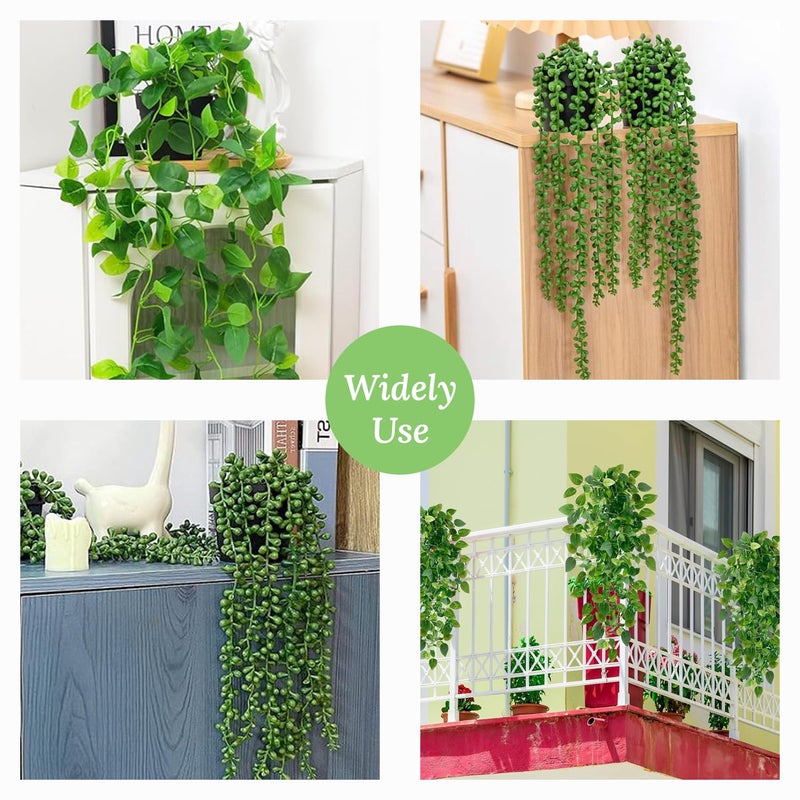 Ekhasa Nostrae Hanging Artificial Plants with Pot (Set of 2) | Money Plant Artificial Hanging Plants for Decor | Falling Creepers Climbers Fake Vines with Pots (String of Pearls, Golden Pothos) - Image 5