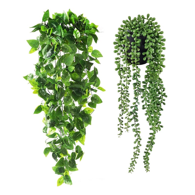 Ekhasa Nostrae Hanging Artificial Plants with Pot (Set of 2) | Money Plant Artificial Hanging Plants for Decor | Falling Creepers Climbers Fake Vines with Pots (String of Pearls, Golden Pothos) - Image 1