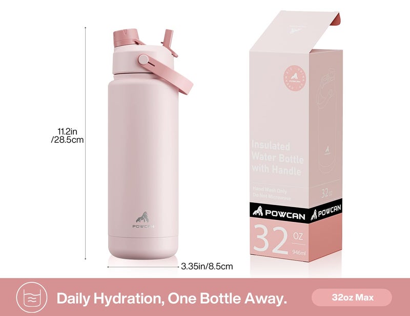 POWCAN 32 oz Insulated Water Bottle with 2-in-1 Straw and Spout Lid, Keep Cold 24H, Leak-Proof, BPA-Free, Double Wall Stainless Steel Water Bottle for Sports, Gym, Travel, and School (Cotton Candy) - Image 5