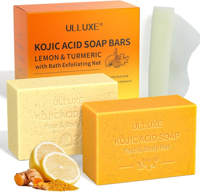 Lemon Turmeric Kojic Acid Soap Bar for Face and Body to Reduce Dark Spots Exfoliate Nourish Bar Soap Infused with Hyaluronic Acid Vitamin C E Collagen 2 Pack and African Bath Sponge