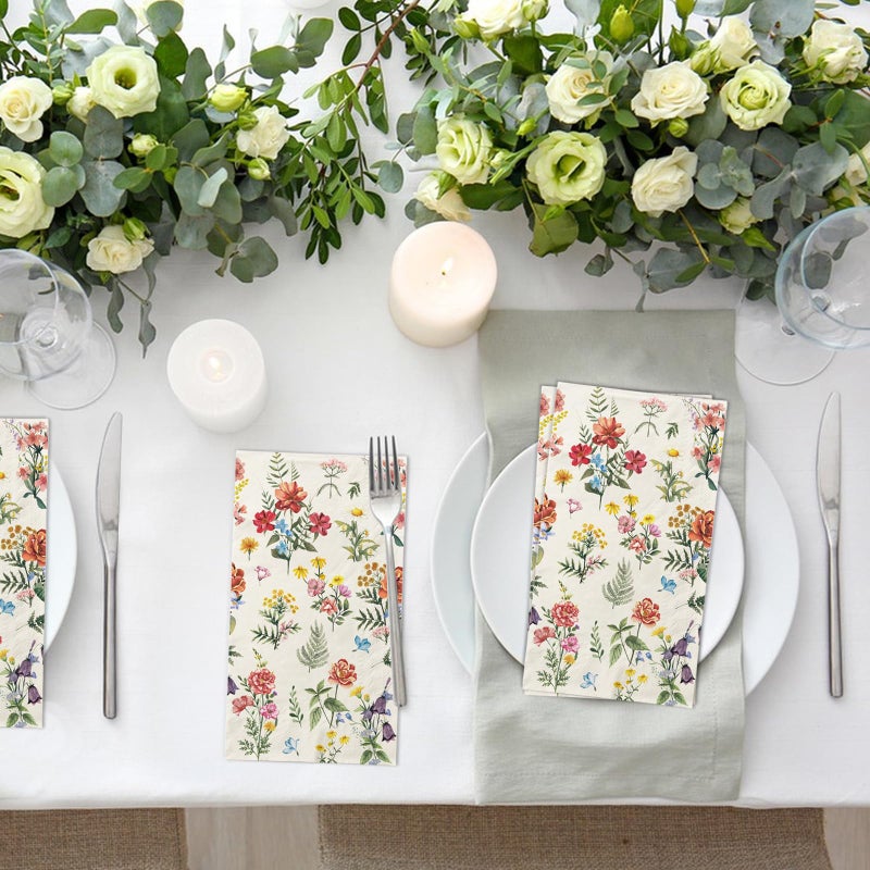 LINHAXM 100 Flower Napkins Watercolor Floral Vintage Wild Flower Disposable Hand Towels Decorative Paper Guest for Bathroom Toilet Powder Room Wedding Birthday Bridal Party Decor - Image 3