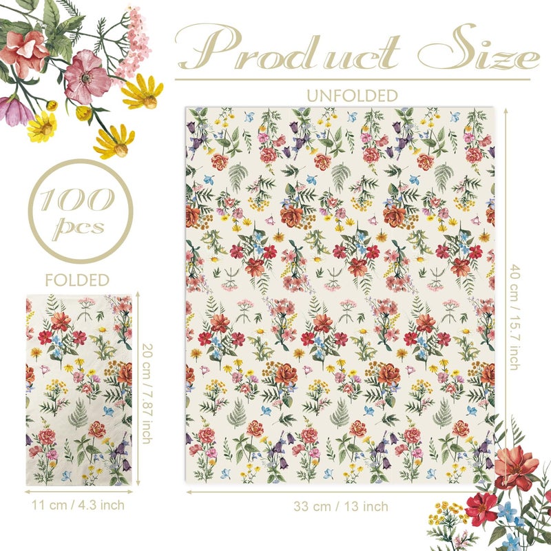 LINHAXM 100 Flower Napkins Watercolor Floral Vintage Wild Flower Disposable Hand Towels Decorative Paper Guest for Bathroom Toilet Powder Room Wedding Birthday Bridal Party Decor - Image 2