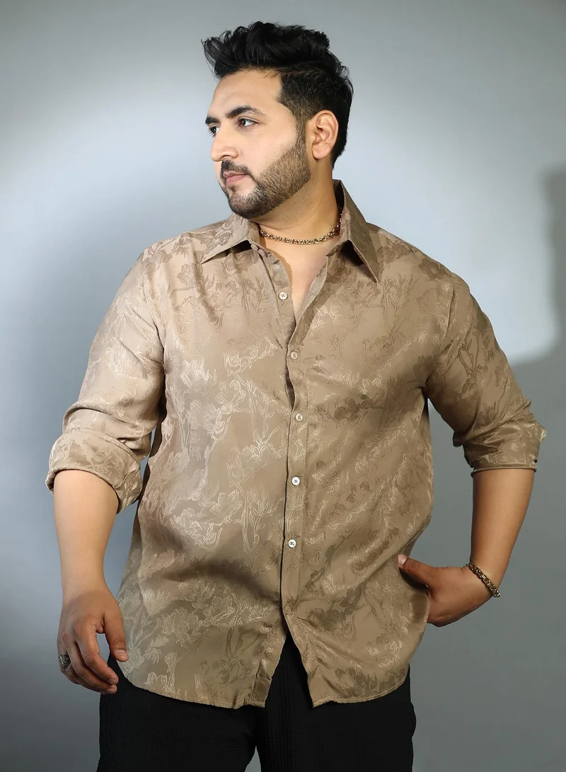 Instafab Plus Instafab Plus Men's Peanut Brown Flora-Textured Shirt For Casual Wear | Spread Collar | Long Cuffed Sleeves | Button Closure | Plus Size Shirt Crafted With Comfort Fit For Everyday Wear
