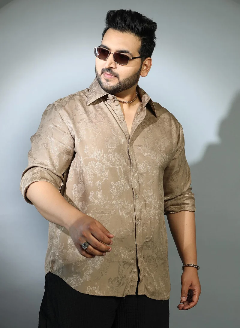 Instafab Plus Instafab Plus Men's Peanut Brown Flora-Textured Shirt For Casual Wear | Spread Collar | Long Cuffed Sleeves | Button Closure | Plus Size Shirt Crafted With Comfort Fit For Everyday Wear