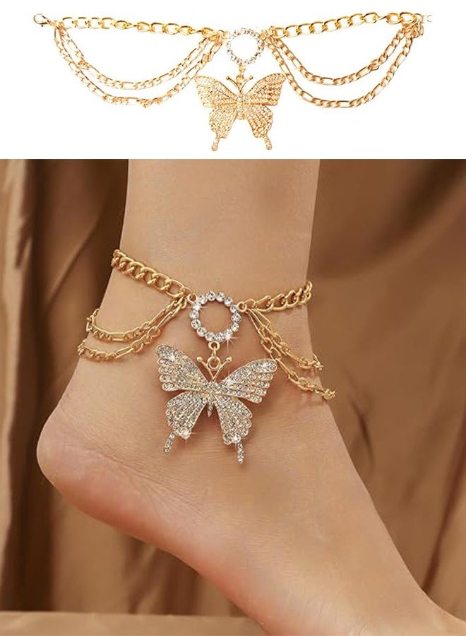 KANGLI Elegant and Luxurious High Quality Multi Layer Rhinestone Butterfly Pendant Anklet - Image 1