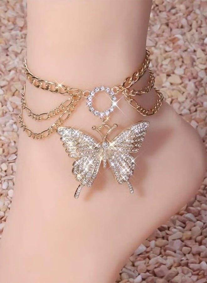 KANGLI Elegant and Luxurious High Quality Multi Layer Rhinestone Butterfly Pendant Anklet - Image 2