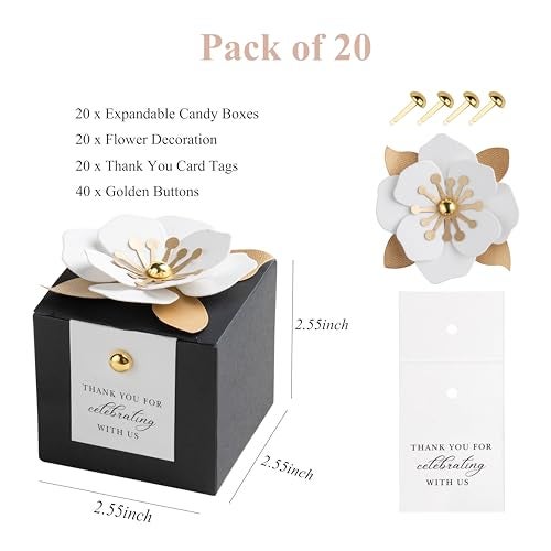 FEIYI 20 PCS Dusty Blue Candy Boxes 3 In 1 Candy Box with Floral Decor White Thank You Tags Gift wrapping for Wedding Birthday Baby Shower Decorations Party 255x255x255 inches Black White - Image 3