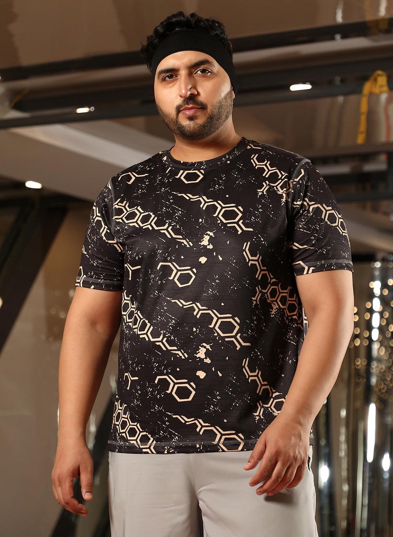 Instafab Plus Men's Midnight Black Geometric Activewear T-Shirt - Image 2