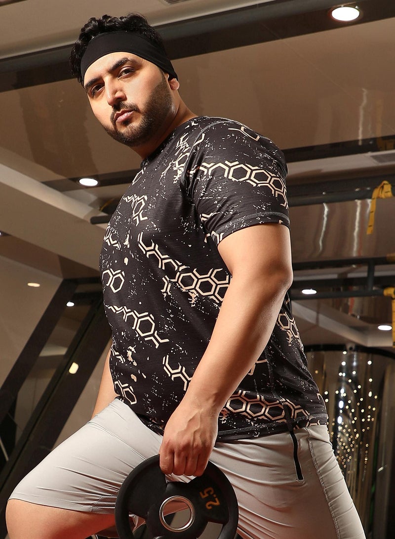 Instafab Plus Men's Midnight Black Geometric Activewear T-Shirt - Image 1
