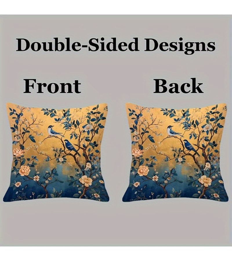 Chinese Inspired Blue Gold Bird Floral 18x18 Pillow Cover - Image 2