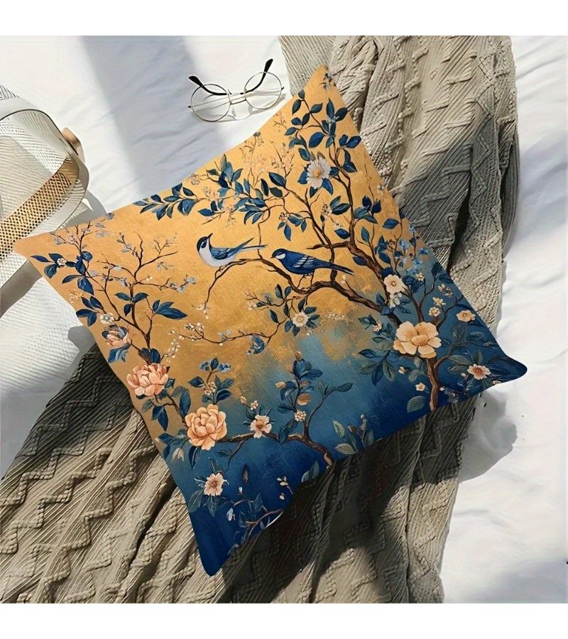 Chinese Inspired Blue Gold Bird Floral 18x18 Pillow Cover - Image 5