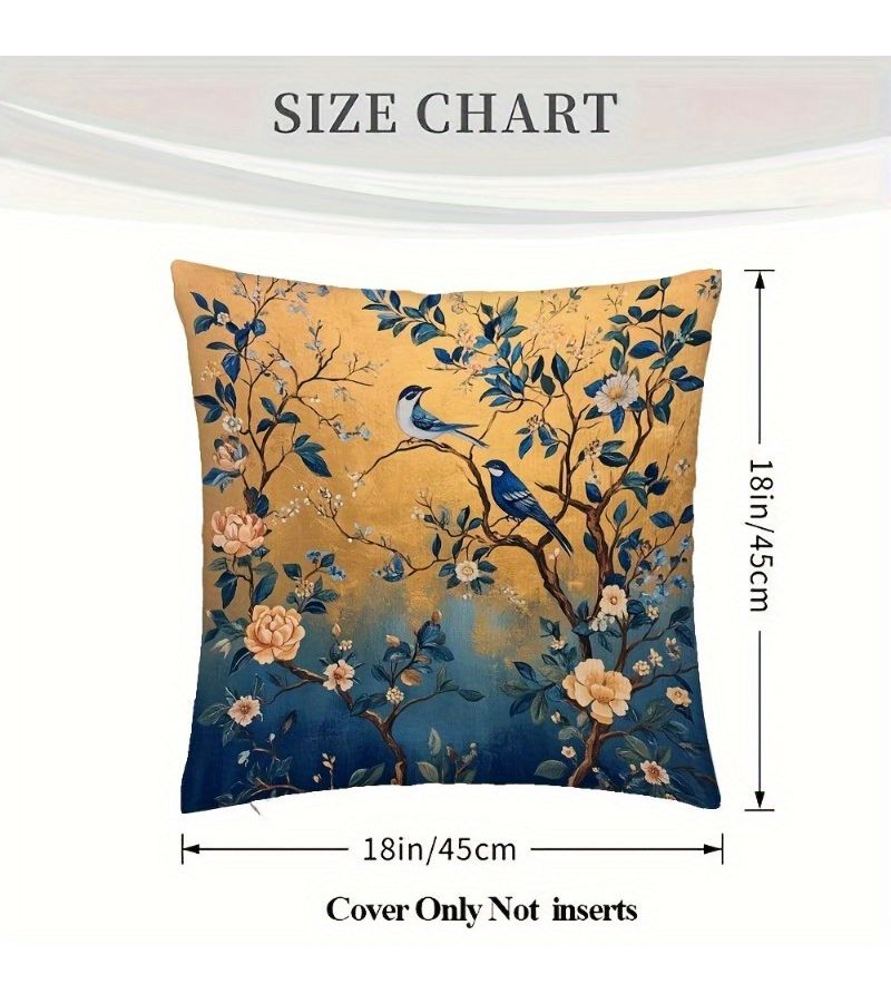 Chinese Inspired Blue Gold Bird Floral 18x18 Pillow Cover - Image 4
