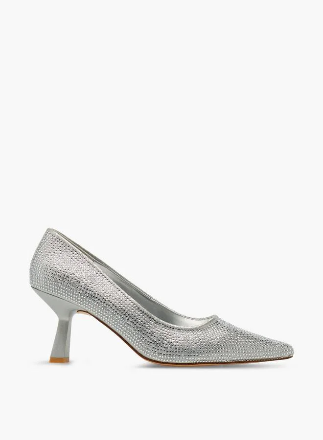 Flora Bella By Shoexpress SILVER Women Rhinestone Embellished Flared Heel Shoes for Women | Best Price UAE