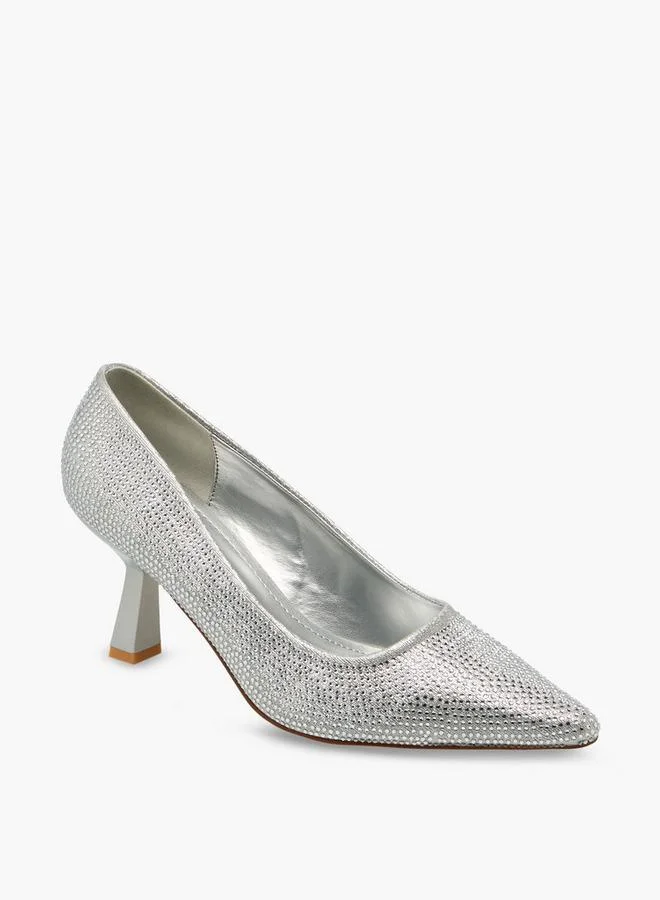 Flora Bella By Shoexpress SILVER Women Rhinestone Embellished Flared Heel Shoes for Women | Best Price UAE