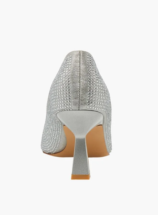 Flora Bella By Shoexpress SILVER Women Rhinestone Embellished Flared Heel Shoes for Women | Best Price UAE