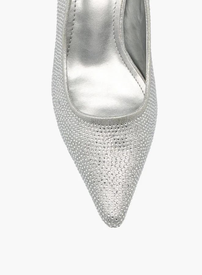 Flora Bella By Shoexpress SILVER Women Rhinestone Embellished Flared Heel Shoes for Women | Best Price UAE