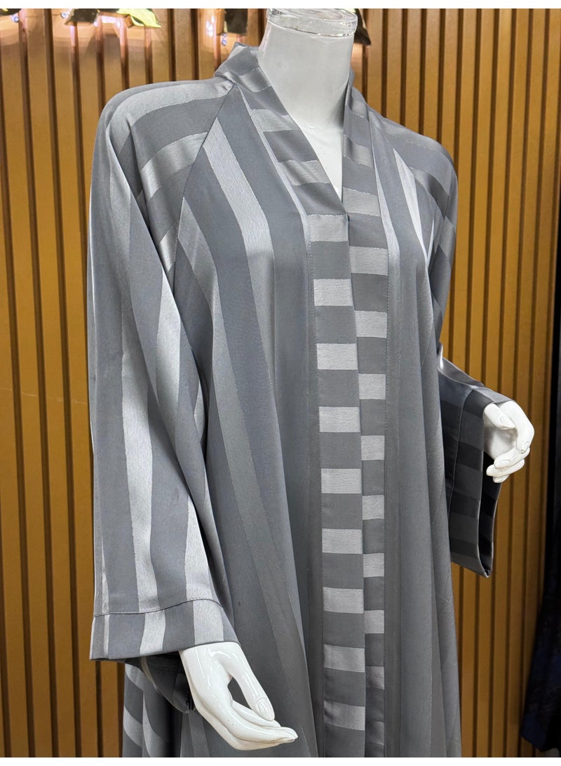 Elegant and  Striped Silver Abaya with a Perfect  Finishing, For your Everyday Casual Wear and Modest Fashion Style. - Image 4