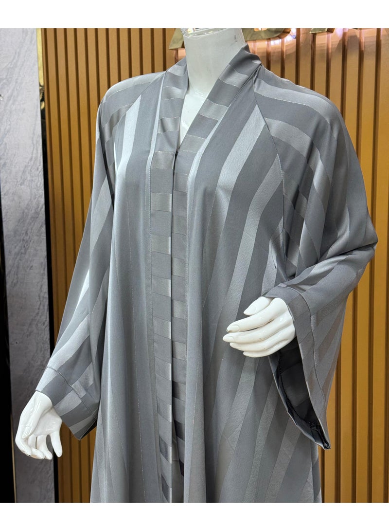 Elegant and  Striped Silver Abaya with a Perfect  Finishing, For your Everyday Casual Wear and Modest Fashion Style. - Image 3
