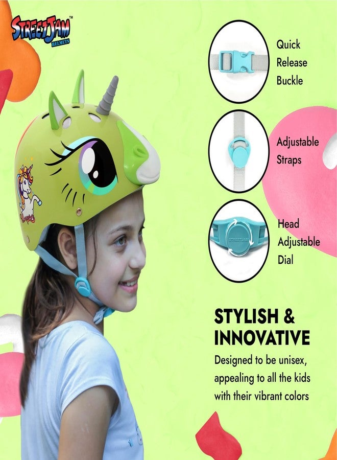 STREETJAM Magic Unicorn Open Face Sports Helmet for Kids, Hard PP Outer Shell, EPS Inner Comfort Linner case, Adjustable Strap & Adjuster Dial, Unisex Helmet for Cycling (5-8 Years, Light Green) - Image 4