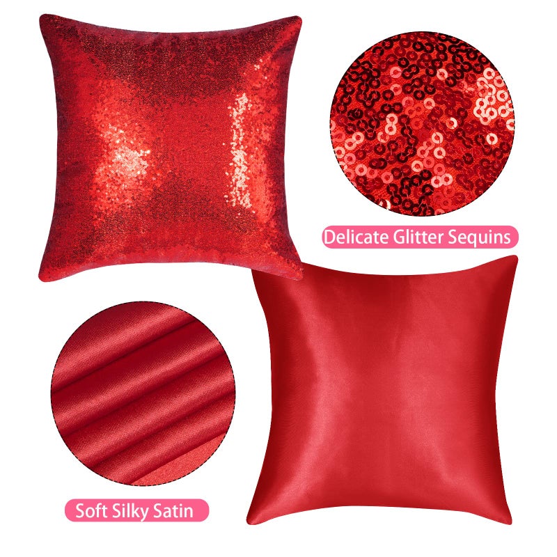 Miayon Red Sequin Pillow Covers Square Glitter Pillow Cases Decorative Sparkling Throw Pillow Covers Cushion Case for Bed Sofa Bedroom Living Room Valentine's Day Wedding Home Decor (18""x18"" 4 Pack) - Image 3