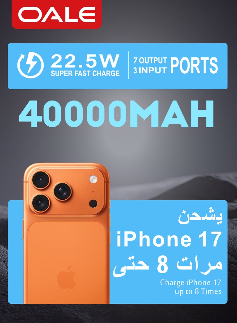 أوالي, بنك طاقة OALE iPower P40000 40000 مللي أمبير في الساعة ، شحن فائق السرعة بقوة 22.5 واط ، كابلات مدمجة من النوع C و Lightning ، ضوء LED ، مؤشر مستوى الطاقة - Image 3