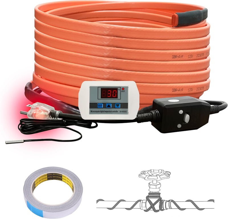 Cupohus Heat Tape for Water Pipes with Digital Display Thermostat 30FT, Freeze Protection Self-Regulating Heat Trace Cable for Metal, Plastic Home Pipes, Roof and RV - Image 1