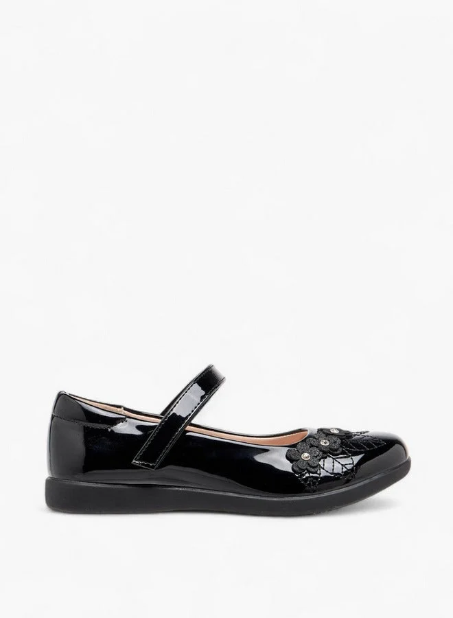 Girls Floral Accent Mary Jane School Shoes with Hook and Loop Closure