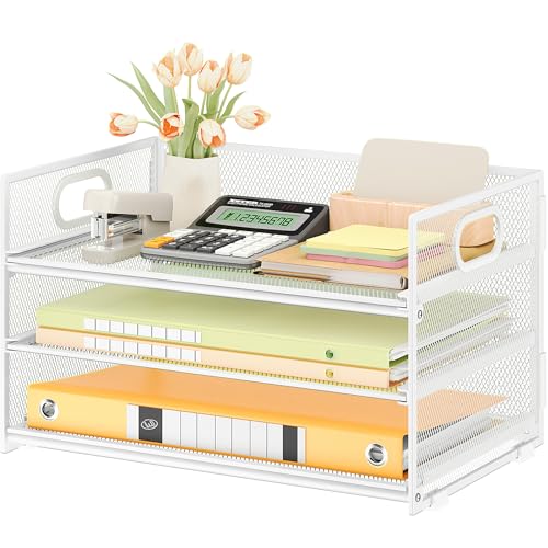 Subekyu 3 Tier Letter Tray Paper Organizer with Handle 1 PC Sliding Tray White Metal Mesh Desk File Folder Paper Sorter Organizer for Home Office School Desk Supplies Organization Storage - Image 1