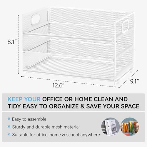 Subekyu 3 Tier Letter Tray Paper Organizer with Handle 1 PC Sliding Tray White Metal Mesh Desk File Folder Paper Sorter Organizer for Home Office School Desk Supplies Organization Storage - Image 3