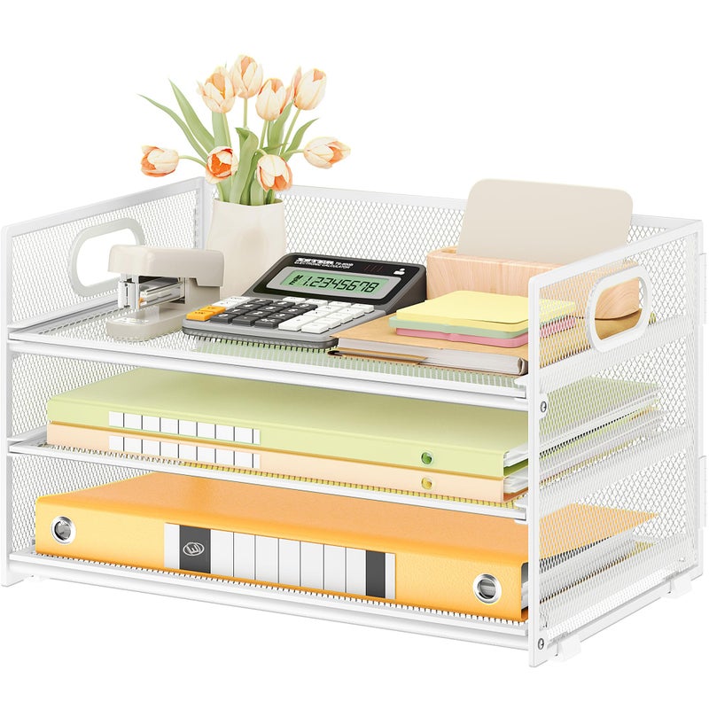 Subekyu 3 Tier Letter Tray Paper Organizer with Handle 1 PC Sliding Tray White Metal Mesh Desk File Folder Paper Sorter Organizer for Home Office School Desk Supplies Organization Storage - Image 2