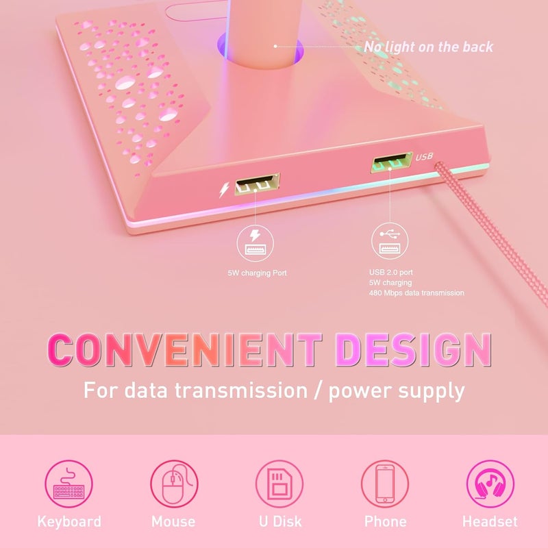 RGB Gaming Headphones Stand with 10 Light Modes, Controller Holder with 2 USB Ports, PC Gaming Accessories for Desk, Universal Storage Organizer Headpsets/Xbox PS5 Controller/Switch (Pink) - Image 4