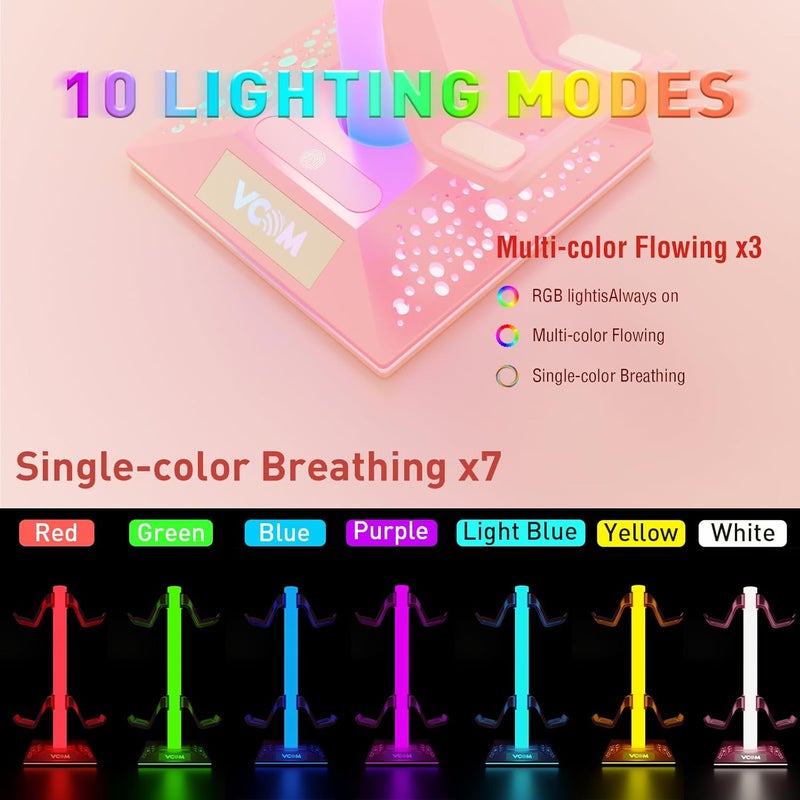 RGB Gaming Headphones Stand with 10 Light Modes, Controller Holder with 2 USB Ports, PC Gaming Accessories for Desk, Universal Storage Organizer Headpsets/Xbox PS5 Controller/Switch (Pink) - Image 2