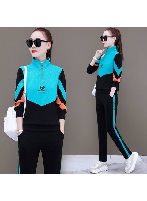 Womens Fashionable Color Blocking Sweatshirt Casual Stand Collar Loose-Fit Slimming Sport Suit New Arrival Spring Autumn Blue