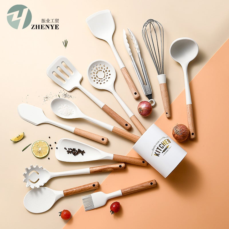 Milky White Wooden Handle Silicone Kitchen Cooking Set 12-Piece Kitchen Tool Set 12-Piece Kitchen Set - Image 2