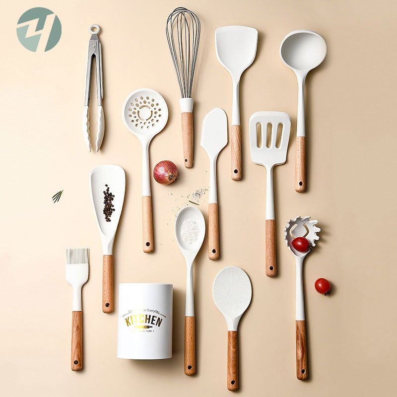 Milky White Wooden Handle Silicone Kitchen Cooking Set 12-Piece Kitchen Tool Set 12-Piece Kitchen Set - Image 3