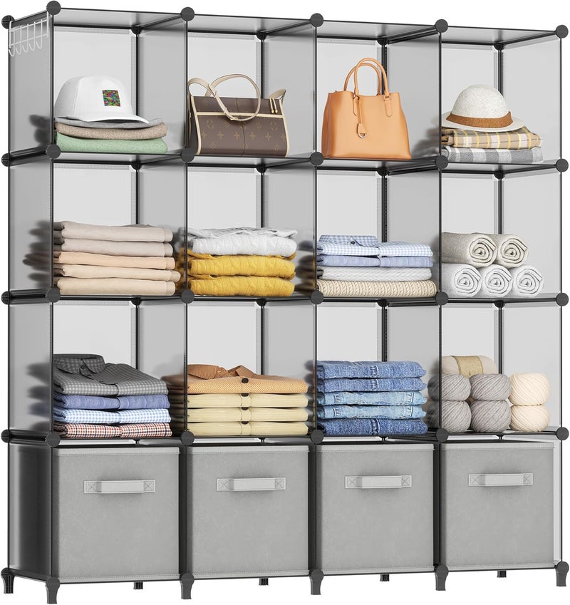 HOMIDEC Closet Organizers and Storage, 16 Cube Storage Organizer, Portable Closet Organizer Cubes Shelves for Clothes, Bedroom, Wardrobe, Kids Room, Bathroom, Grey - Image 1