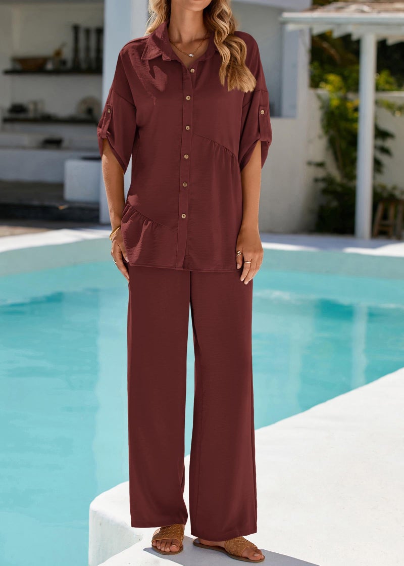 KIRUNDO Two Piece Sets for Women Spring Outfits 2026 Summer Dressy Casual Button Down Shirt Wide Leg Pants Lounge Set(Brown, Medium) - Image 3