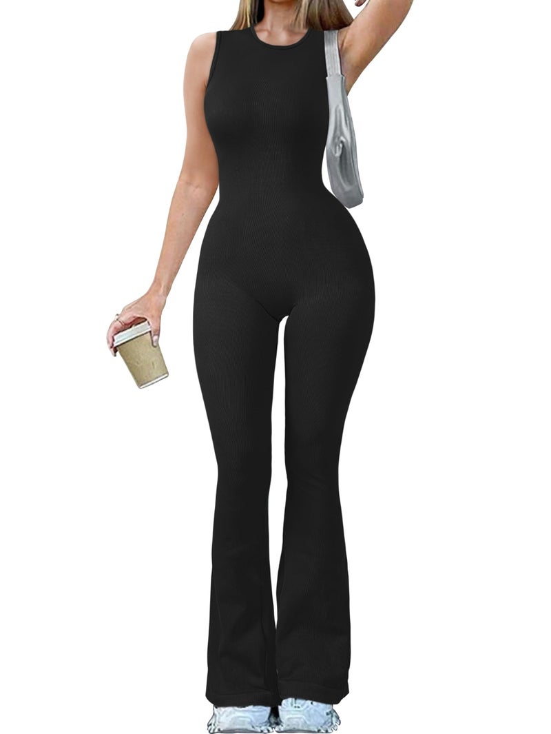 OQQ Women Yoga Jumpsuits Ribbed Crew Neck Sleeveless Bell Bottoms Flare Jumpsuits Black - Image 1