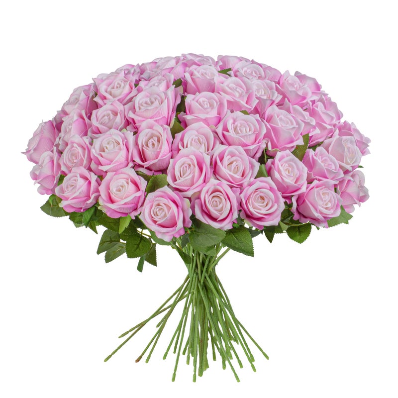 Uqueeten Artificial Flowers Roses Touch Fake Rose Bouquet Flower Stem Fo Wedding Centerpieces DIY Wreath Home Decorations Silk Roses Fo Mothers Party Fake Outdoor Flowers Decor 19.6"(Deep Pink 50PCS) - Image 1