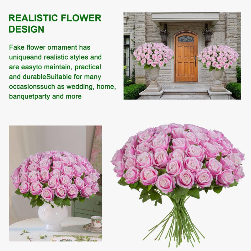 Uqueeten Artificial Flowers Roses Touch Fake Rose Bouquet Flower Stem Fo Wedding Centerpieces DIY Wreath Home Decorations Silk Roses Fo Mothers Party Fake Outdoor Flowers Decor 19.6"(Deep Pink 50PCS) - Image 4