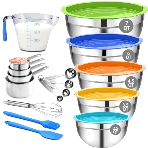 MIKULA Mixing Bowls Set, 22PCS Large Stainless Steel Mixing Bowl with Lids Set 7/6/4.5/3.5/2.5QT, 400ML Measuring Cups Spoons Storage Baking Nesting Metal Bowl for Kitchen Supplies - Image 1