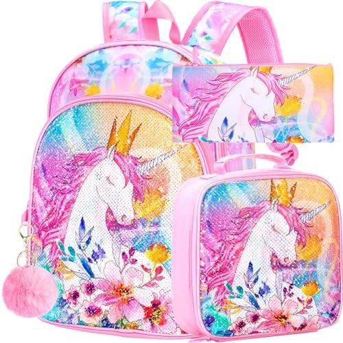 CCJPX 3PCS Unicorn Backpack for Girls, 16”Kids Preschool Sequin Bookbag and Lunch Box for Kindergarten Elementary - Image 1