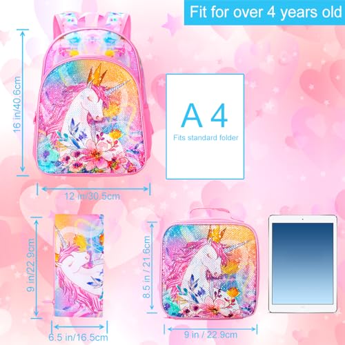CCJPX 3PCS Unicorn Backpack for Girls, 16”Kids Preschool Sequin Bookbag and Lunch Box for Kindergarten Elementary - Image 3