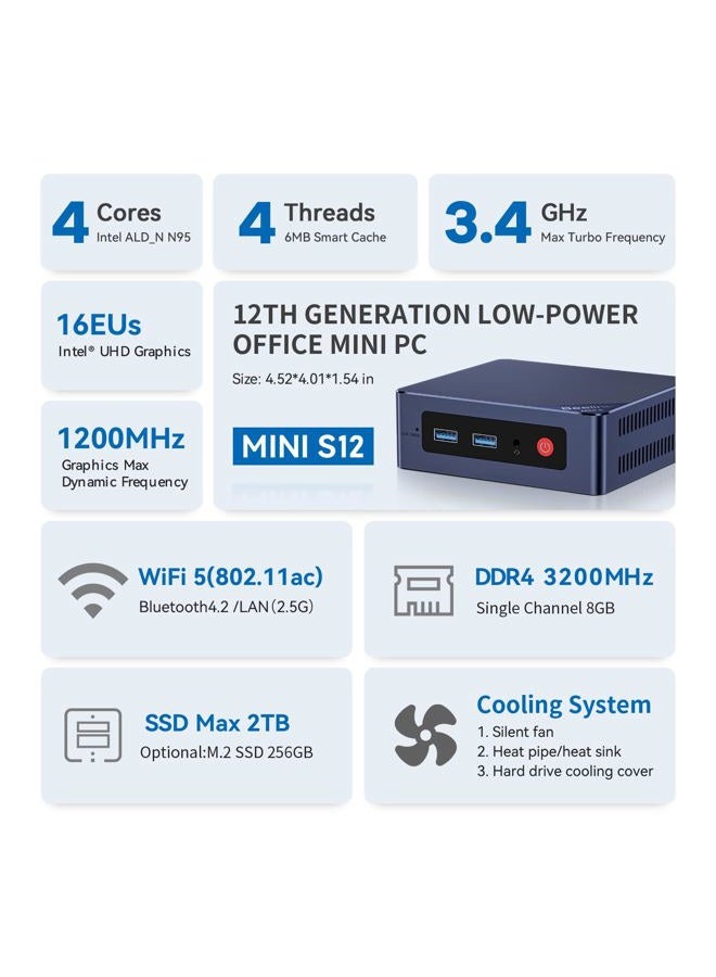 Beelink MINIS 12 كمبيوتر مصغر بمعالج N95 (4C/4T)، 16G DDR4/500G SSD 4K UHD، منفذي HDMI مزدوجين، WiFi5، BT4.2، دعم Ethernet ميكرو كمبيوتر مع دعم التشغيل التلقائي، WOL - Image 2