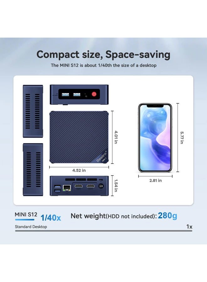 Beelink MINIS 12 كمبيوتر مصغر بمعالج N95 (4C/4T)، 16G DDR4/500G SSD 4K UHD، منفذي HDMI مزدوجين، WiFi5، BT4.2، دعم Ethernet ميكرو كمبيوتر مع دعم التشغيل التلقائي، WOL - Image 5