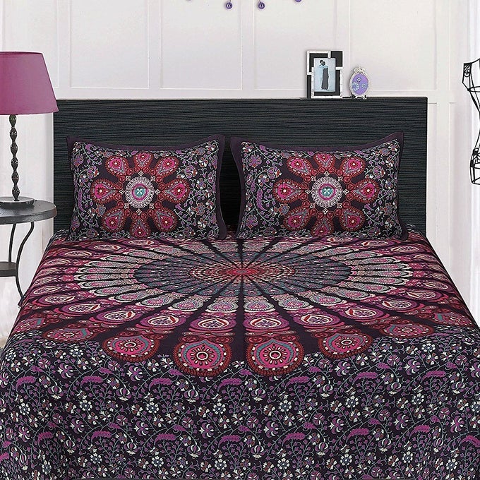 100 COTTON MANDALA 120 TC DOUBLE BEDSHEET PEACOCK FEATHERS PRINTED DESIGN WITH 2 PILLOW COVERSKING SIZE WINE
