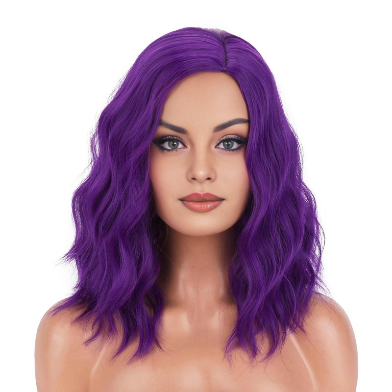 BERON Mix Purple Wig Short Curly Wig Purple Bob Wigs Women Beach Wave Wigs for Cosplay Costume Party Hairnet Included