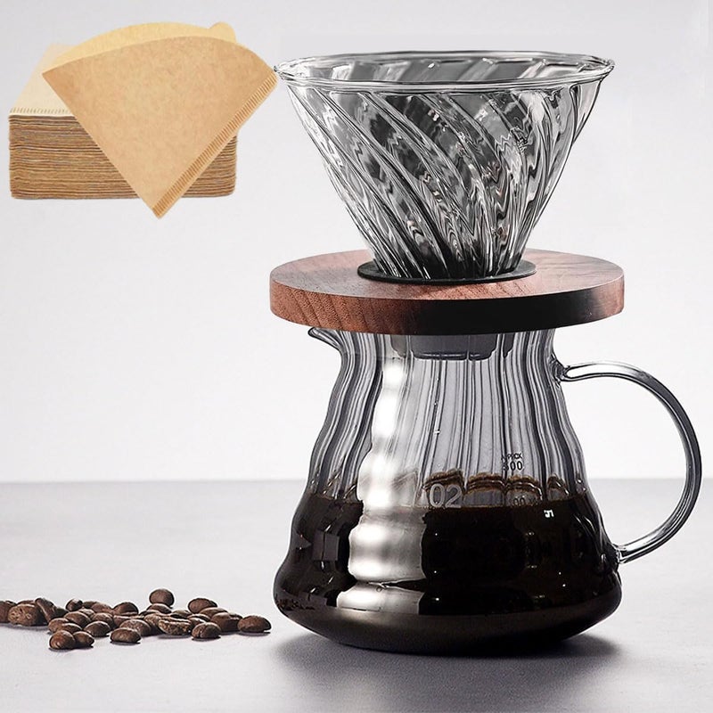 Moonmen V60 Pour Over Coffee Maker Dripper Set, 600ml Glass Coffee Server Pot Size 02, V60 Glass Coffee Dripper with Wood Stand Dripper for Home Office Carafe Gift-Grey (With Filter Paper) - Image 1